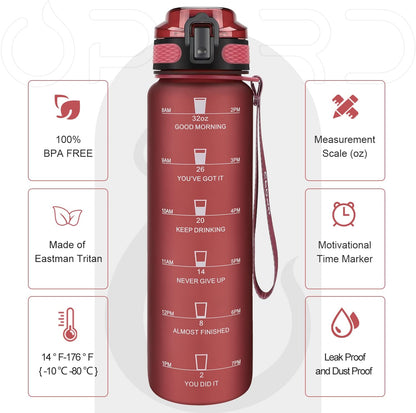 Opard Zip 32oz Plastic Water Bottle Dishwasher Safe, Leakproof Flip-Top Lid, BPA Free Tritan, Wide Mouth Reusable Sports Water Bottle for Gym Hiking Commuting Outdoor Travel and School