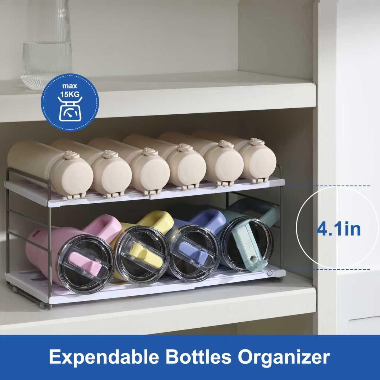 Water Bottle Organizer For Cabinet, Adjustable Tumbler Storage, Expandable 2 Tier Cup Organizer For Kitchen, Water Bottle Shelf Rack Holder For Pantry Countertop Fridge, White