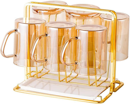 Metal Cup Drying Rack with 6 Hooks, Bottle Drying Rack with Drain Tray,Coffee Mug Holder,Mug Organizer Black