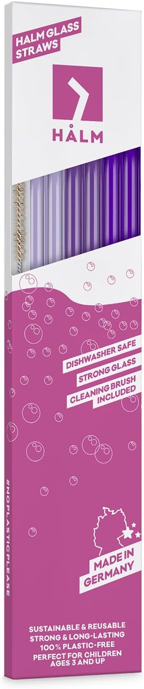 Halm Glass Straws - 6 Long 12 inch Bent Stanley Cup Replacement Drinking Straws + Plastic-Free Cleaning Brush - Perfect for Bottles & Quencher - Made in Germany - Dishwasher Safe - Eco-Friendly