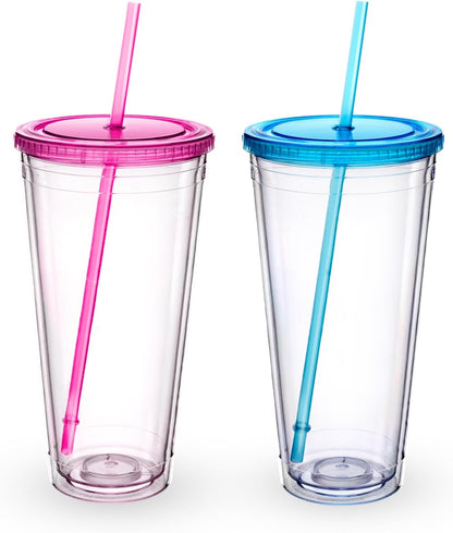 Zukro Clear Acrylic Tumbler with Straw and Lid 32 oz, Double Walled Insulated Reusable Plastic Iced Coffee Cup, To Go Cup Perfect for Parties, Birthdays, Fit in Cupholder, BPA Free, Clear, 2 Pack