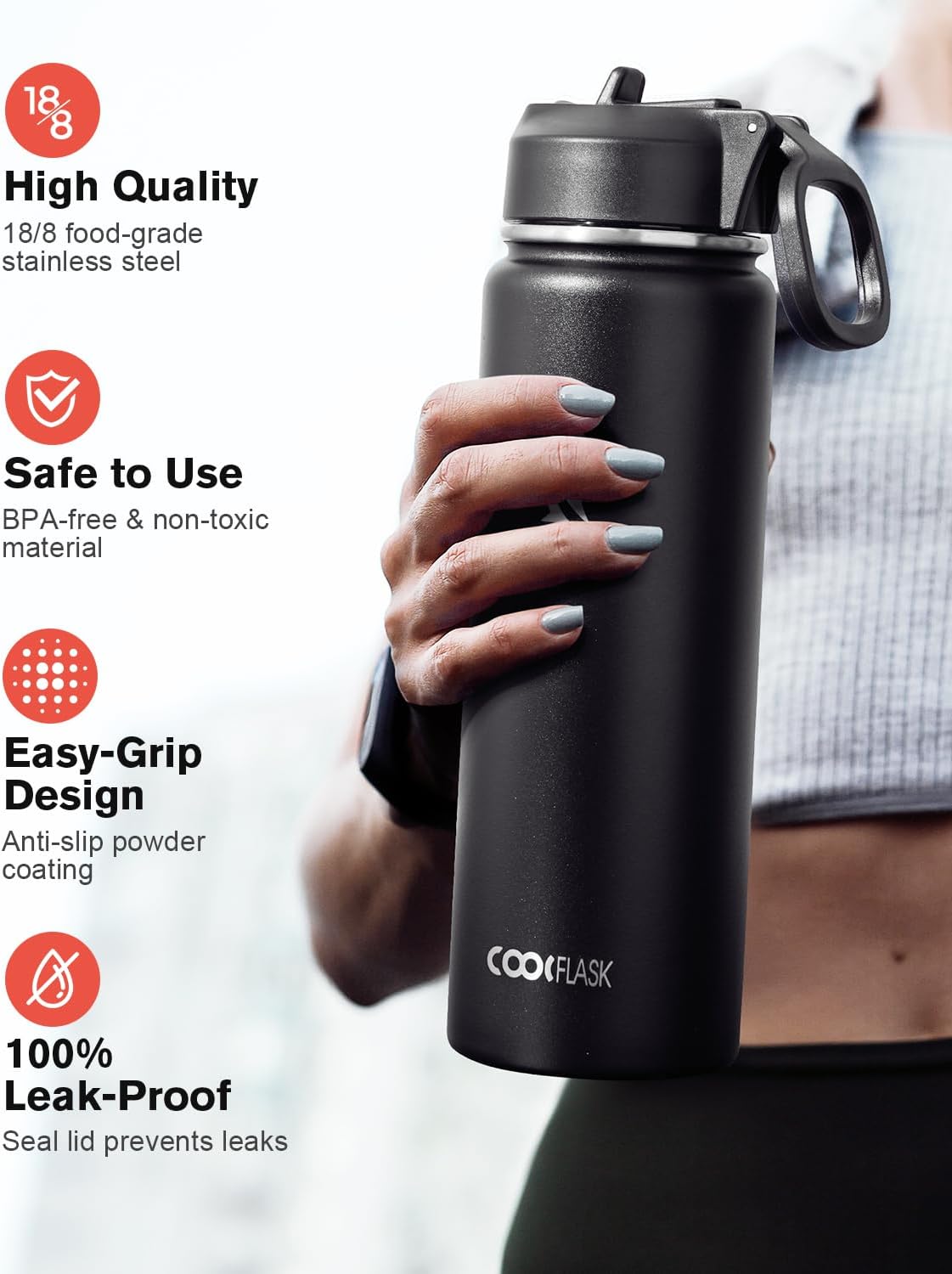 Half Gallon Water Bottle Insulated with Straw & 3 Lids, Coolflask 64 oz Water Jug Large Metal Stainless Steel Wide Mouth for Sports, Gym or Office, Non-BPA Keep Cold 48H Hot 24H, Samurai Cyan