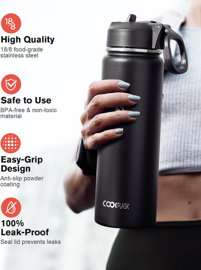 Half Gallon Water Bottle Insulated with Straw & 3 Lids, Coolflask 64 oz Water Jug Large Metal Stainless Steel Wide Mouth for Sports, Gym or Office, Non-BPA Keep Cold 48H Hot 24H, Samurai Cyan