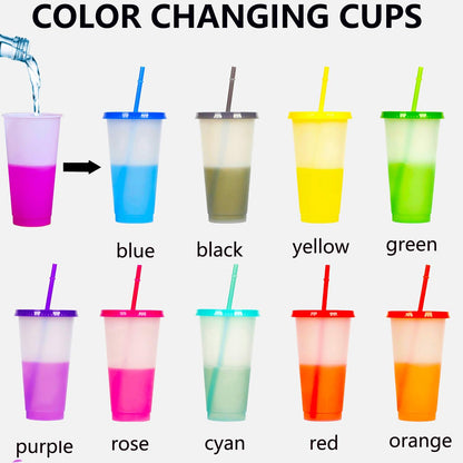Color Changing Cups, 5 Pack 24oz Plastic Tumblers, Reusable Iced Coffee & Smoothie Cups with Lids and Straws for Parties and Travel