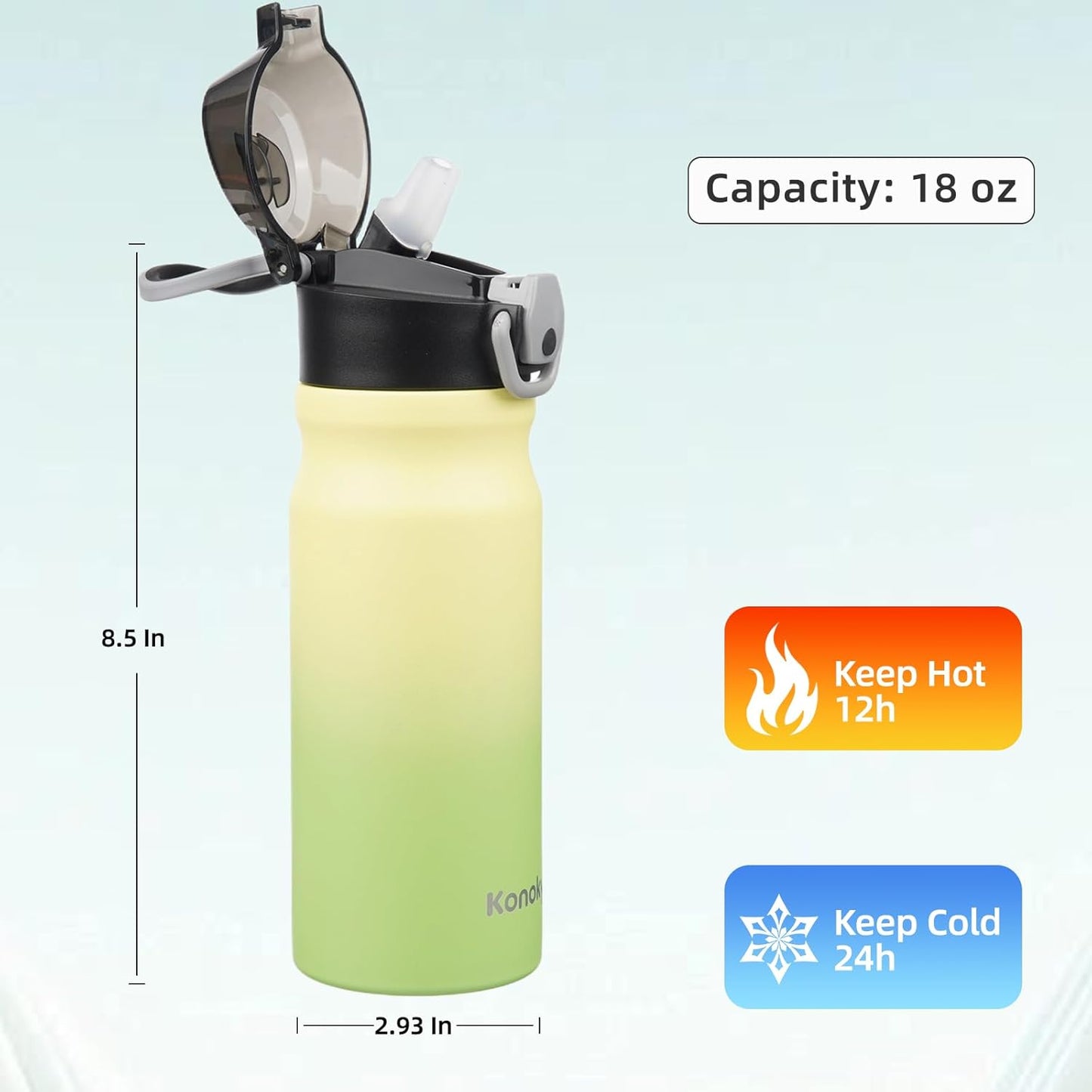 Konokyo 18 oz Insulated Water Bottle with Straw Lid, Stainless Steel Vacuum Sports Water Bottle, Leak-Proof Reusable Metal Flask with Carry Loop, BPA-Free Travel Bottle for Gym, School, Office