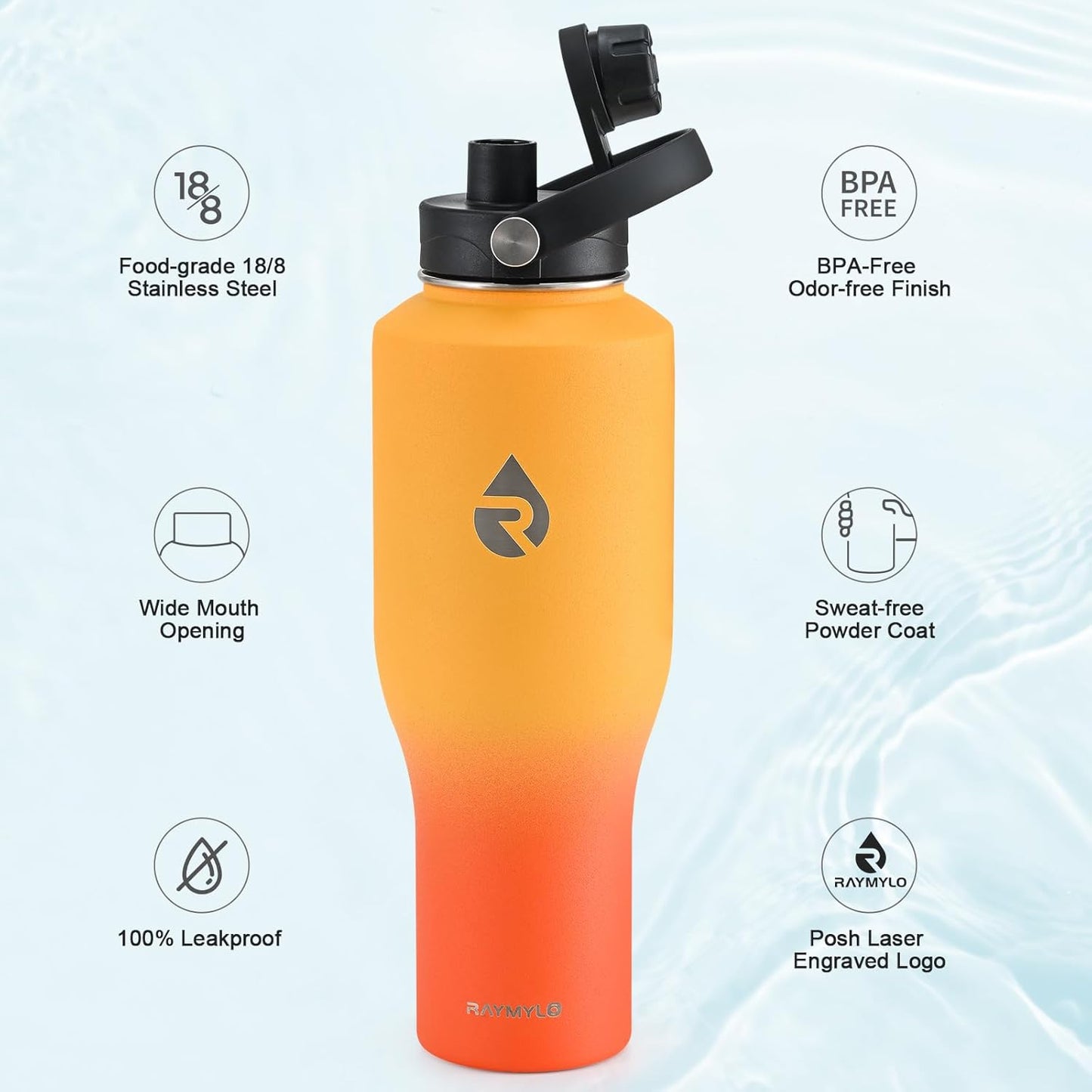 RAYMYLO 40 oz Insulated Water Bottle with Straw fit in Car Cup Holder, Triple Wall Vacuum Stainless Steel(Cold 48 hrs, Hot 24 hrs), Leakproof & Non-BPA, Hydro Travel Flask with Straw and Spout Lid