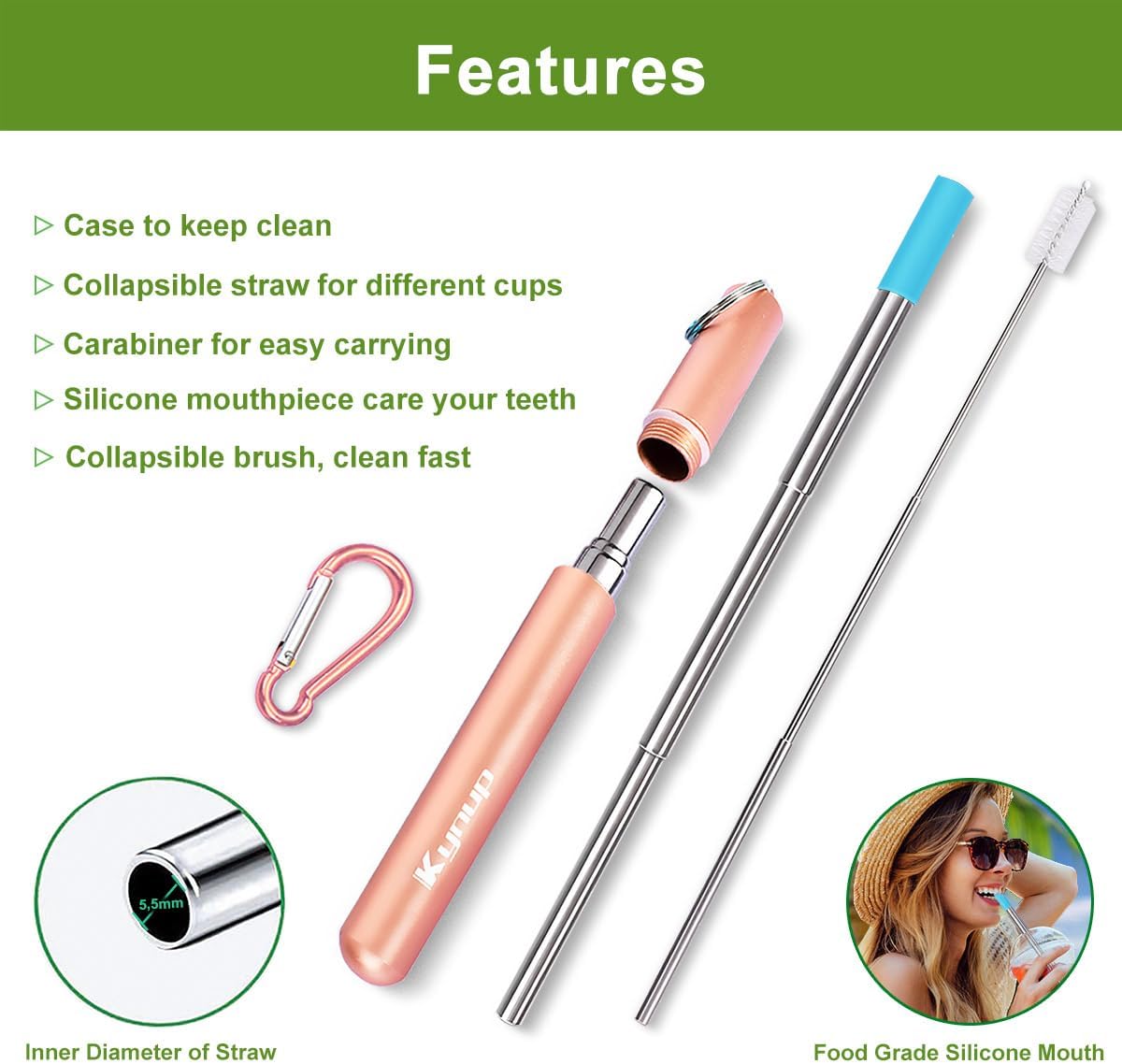Kynup 4Packs Reusable Straws, Metal Straw with Silicon, Travel Drinking Straws with Case, Keychain, Cleaning Brushes, Silicon Pcs Perfect for Travel, Gifts (20 PCS) Blue-Black-Silver-Turquoise