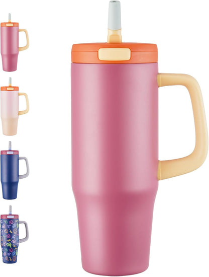 Fijinhom 32 oz Tumbler with Handle, 304 Stainless Steel Insulated Water Bottle Keeps Cold 24 Hours, Water tumbler with flip straw, Insulated Coffee Mug, Travel Cup for Sports & Gifts, Honey Peach