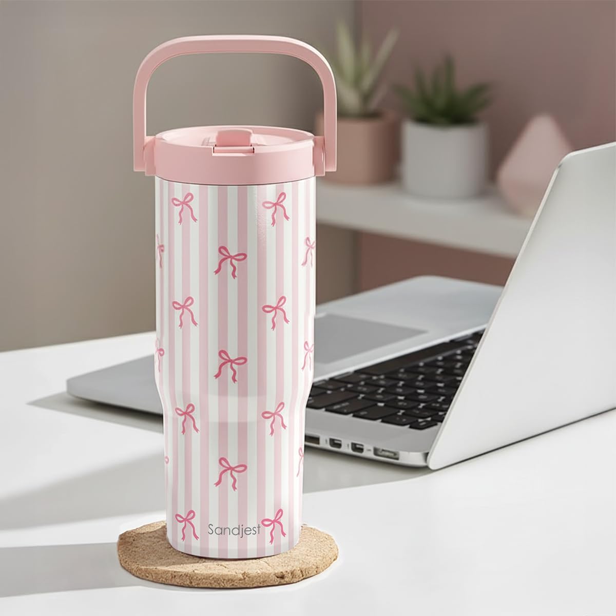 SANDJEST Leopard Skin Stainless Steel Straw Lid Tumbler 30oz with Carry Handle for Women Girls, Insulated Travel Coffee Cup, Gift for Sports Outdoor Workout Christmas Birthday (Beige)