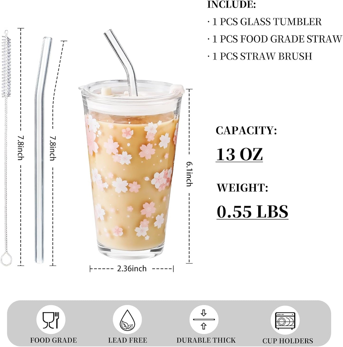 Olvini 15oz Glass Tumbler with Straw and Lid, Cute Iced Coffee Cups, Aesthetic Glass Cups, Coffee Tumbler, Water Cup, Matcha Cup, Drinking Glasses (Clear)