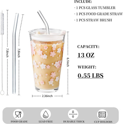 Olvini 15oz Glass Tumbler with Straw and Lid, Cute Iced Coffee Cups, Aesthetic Glass Cups, Coffee Tumbler, Water Cup, Matcha Cup, Drinking Glasses (Clear)