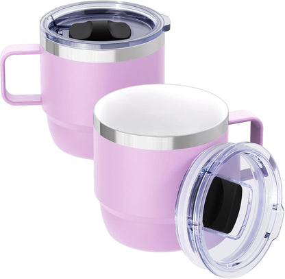 8 oz Small Coffee Mug with Magnetic Sliding Lid & Handle, Ceramic-Lined 18/8 Stainless Steel, Double-Wall Vacuum Insulated, Stackable, Dishwasher Safe, Mini Coffee/Tea Cup, 2 Pack, Black