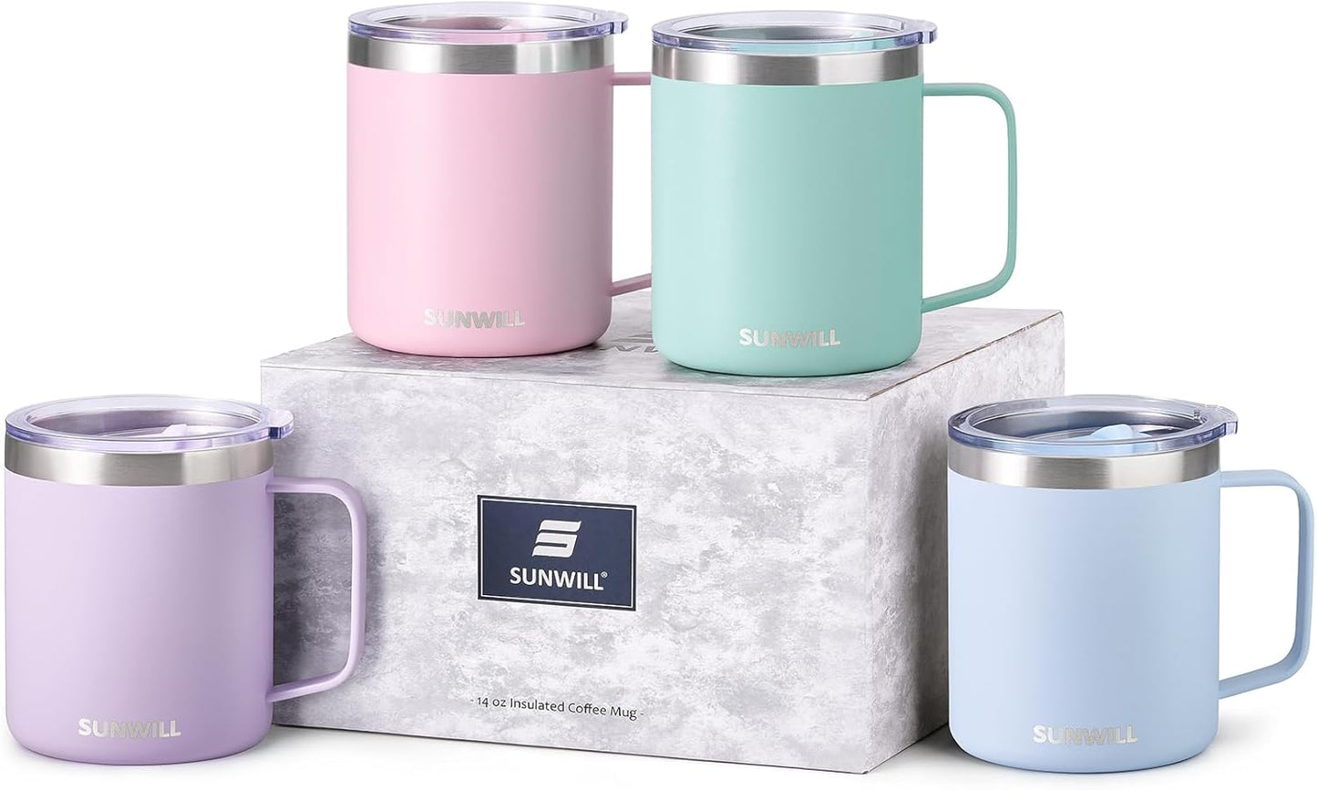 SUNWILL Travel Coffee Mug with Lid, Insulated Tumbler with Handle, 14 oz Stainless Steel Cup for Ice, Water, Tea, Rose Gold
