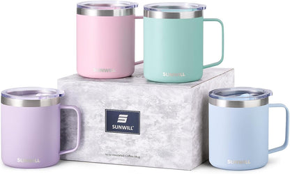 SUNWILL Travel Coffee Mug with Lid, Insulated Tumbler with Handle, 14 oz Stainless Steel Cup for Ice, Water, Tea, Rose Gold