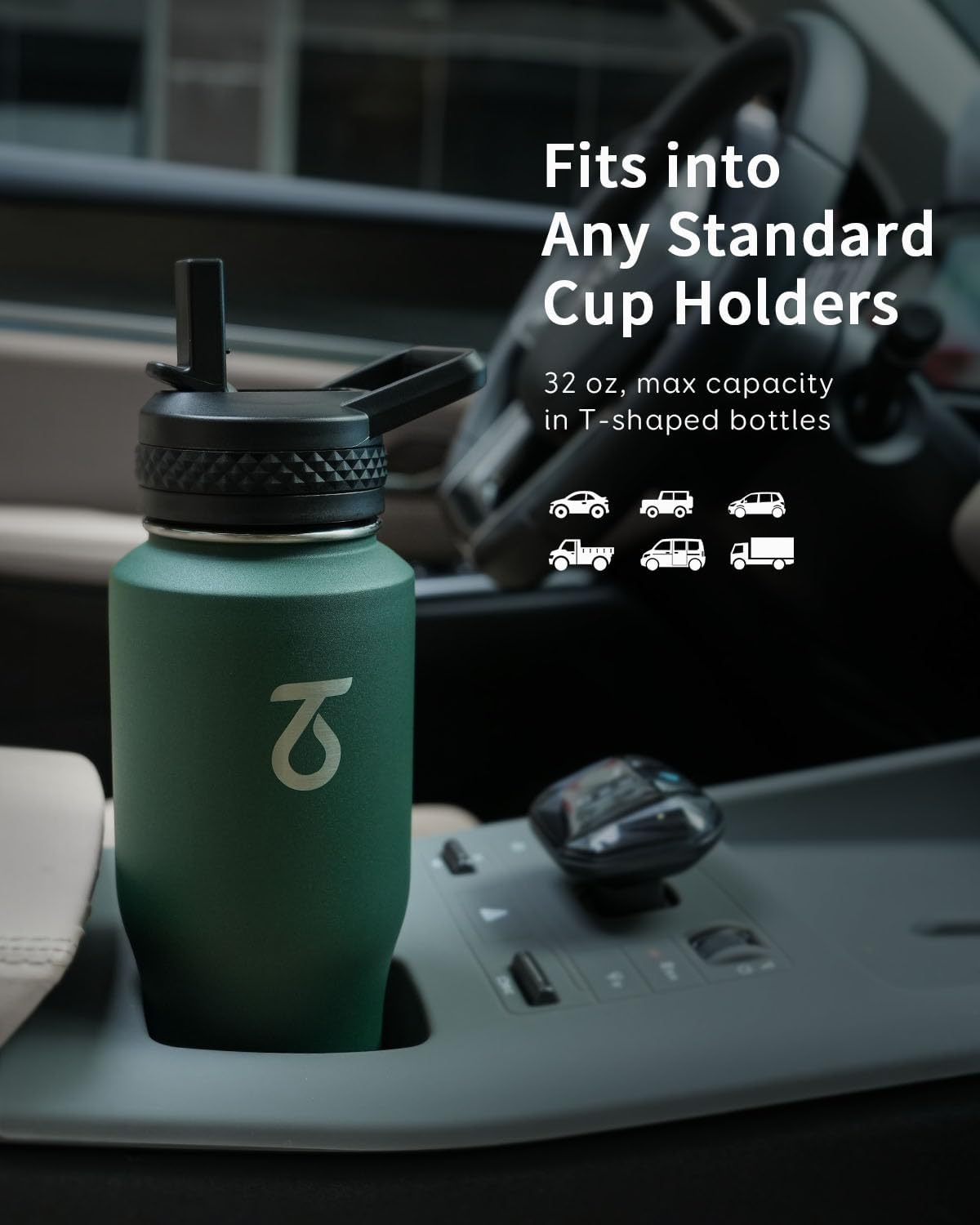 Trebo 40 oz Water Bottle Insulated Fit Car Cup Holder with Handle, Stainless Steel Water Bottles Tumbler with Spout Straw Lids, Double Wall Travel Reusable Flask, Leakproof Mug,Keep Cold &Hot,Black