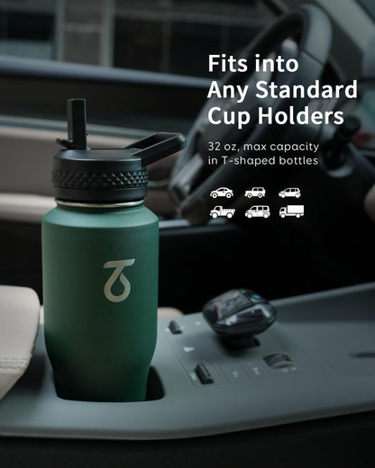 Trebo 40 oz Water Bottle Insulated Fit Car Cup Holder with Handle, Stainless Steel Water Bottles Tumbler with Spout Straw Lids, Double Wall Travel Reusable Flask, Leakproof Mug,Keep Cold &Hot,Black
