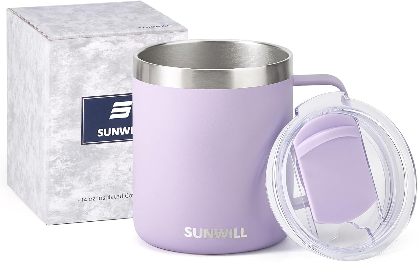 SUNWILL Travel Coffee Mug with Lid, Insulated Tumbler with Handle, 14 oz Stainless Steel Cup for Ice, Water, Tea, Rose Gold