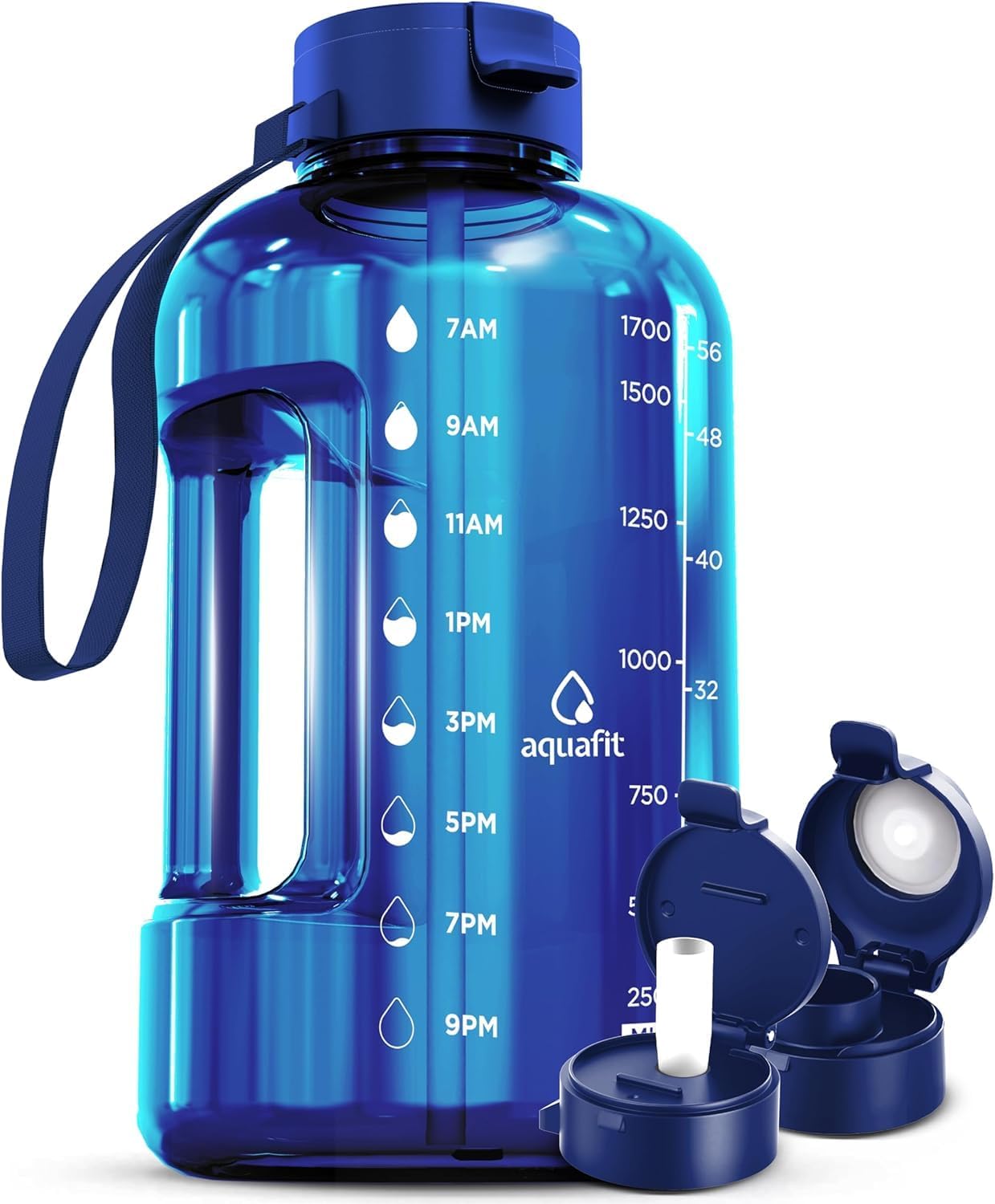 AQUAFIT 64 oz Water Bottle with Time Marker - Straw & Chug Lid - BPA Free Half Gallon Gym Water Bottle with Handle - Big Gallon Jug (Gray, 64 Ounces)