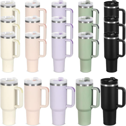 15 Pack 40 Oz Tumbler with Handle and Straw Bulk, 40 Oz Tumbler Stainless Steel Vacuum Insulation Keep Hot and Cold, 40 Oz Travel Coffee Mug with Silicone Spill Proof Stopper Set, Individually Boxed