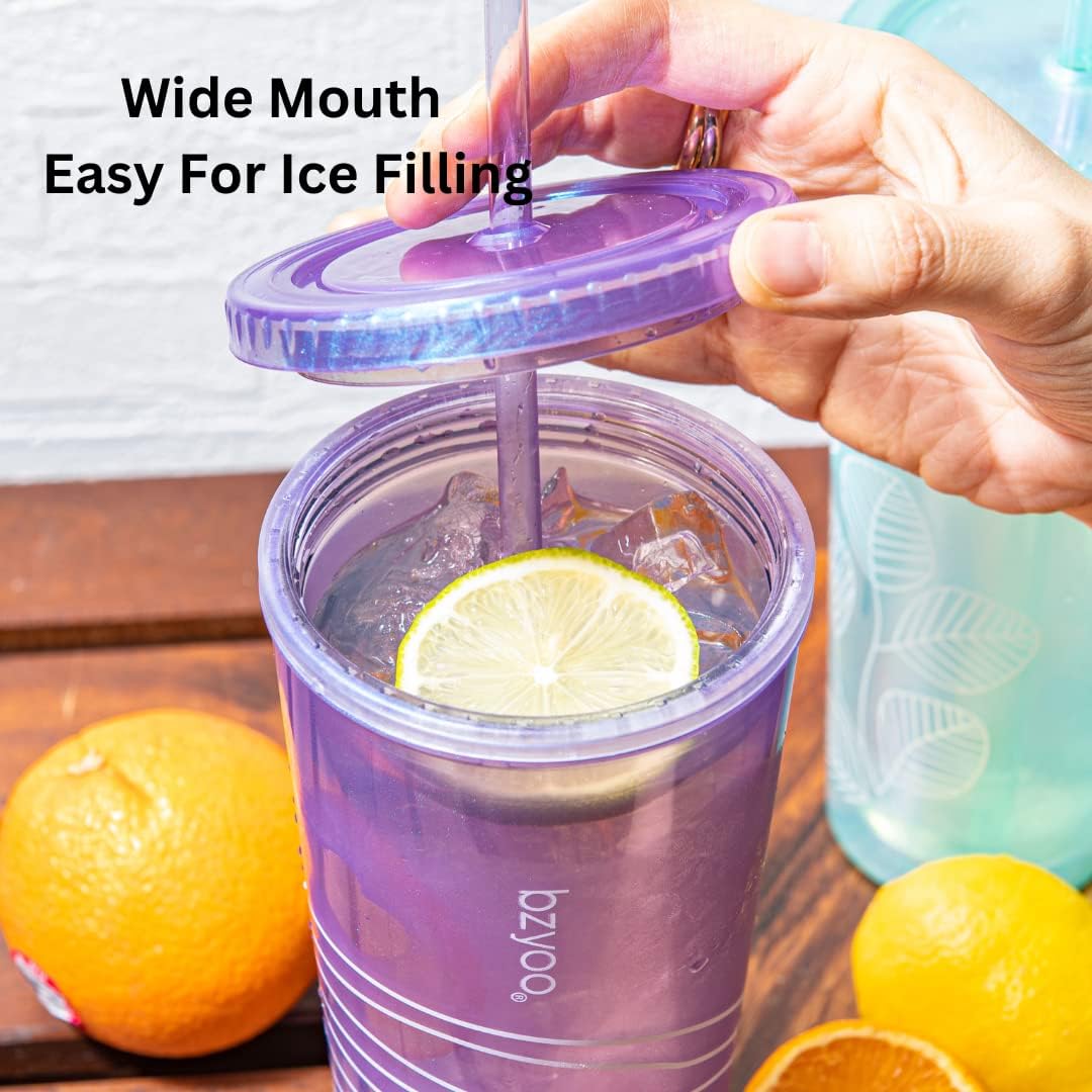 bzyoo SIP 24oz (710ml) Double Wall Plastic Tumbler with Lid and Straw Cold Drink Travel Mug Reusable Party Cup Perfect for Office Ice Coffee or Tea and Gift Color: Pink & Purple