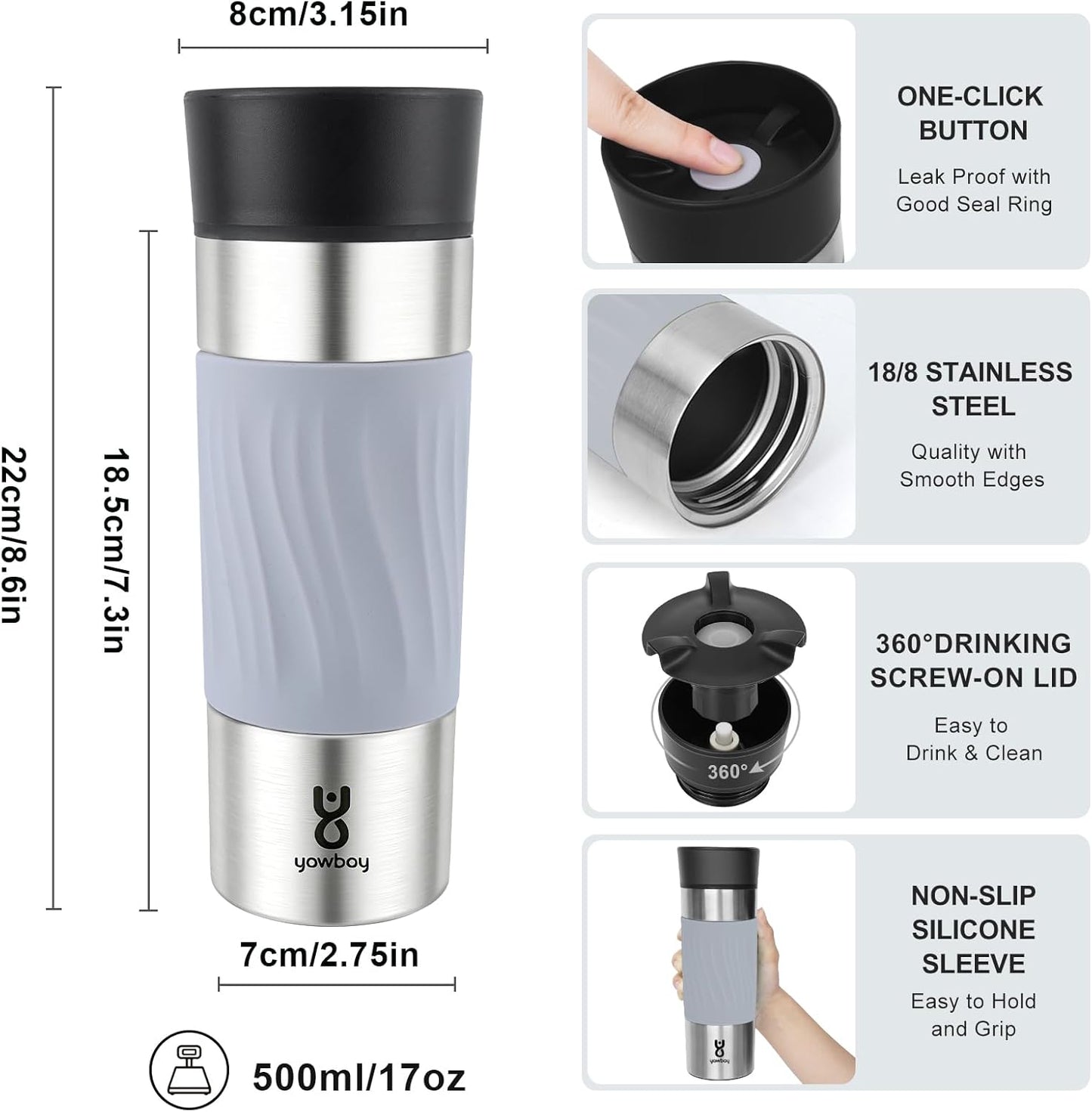Travel Coffee Mug with 360°Lid, Travel Coffee Tumbler 16 oz Leak Proof, Stainless Steel Insulated Travel Mugs for Hot and Cold Spill Proof Leak Proof (Purple)
