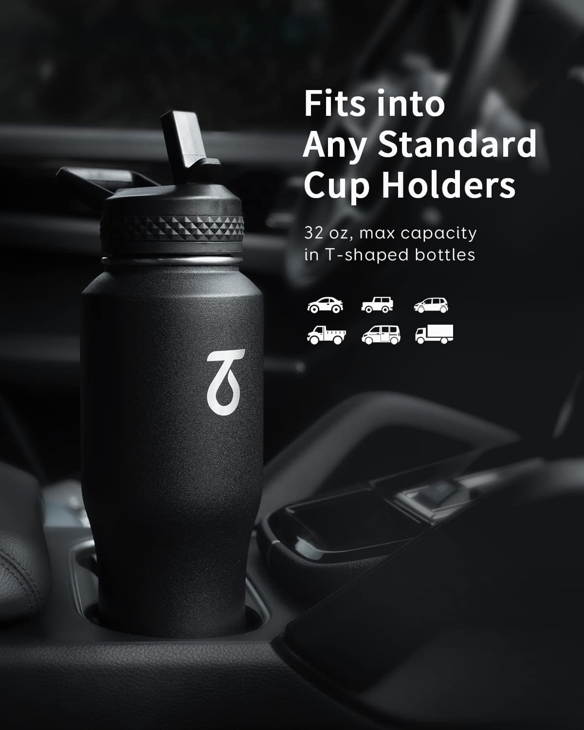 Trebo 40 oz Water Bottle Insulated Fit Car Cup Holder with Handle, Stainless Steel Water Bottles Tumbler with Spout Straw Lids, Double Wall Travel Reusable Flask, Leakproof Mug,Keep Cold &Hot,Black