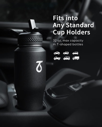 Trebo 40 oz Water Bottle Insulated Fit Car Cup Holder with Handle, Stainless Steel Water Bottles Tumbler with Spout Straw Lids, Double Wall Travel Reusable Flask, Leakproof Mug,Keep Cold &Hot,Black