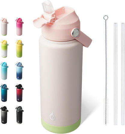 BJPKPK Insulated Water Bottle with Straw Lid, 18oz Thermo Water Bottles with Soft Nozzle, Flex Handle & Non-slip Boot, BPA Free Leak Proof Stainless Steel Metal Thermo, Tumblers, Cups,Sea Salt