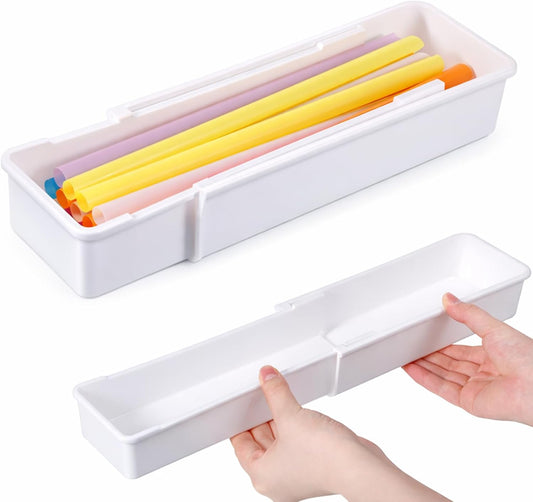 Straw Organizer Drawer Straw Holder Expandable Straws Storage for Cabinet Reusable Long Straws Drawers Organizer Fits for 60oz Long Kitchen Drawer Organizers for Utensils White