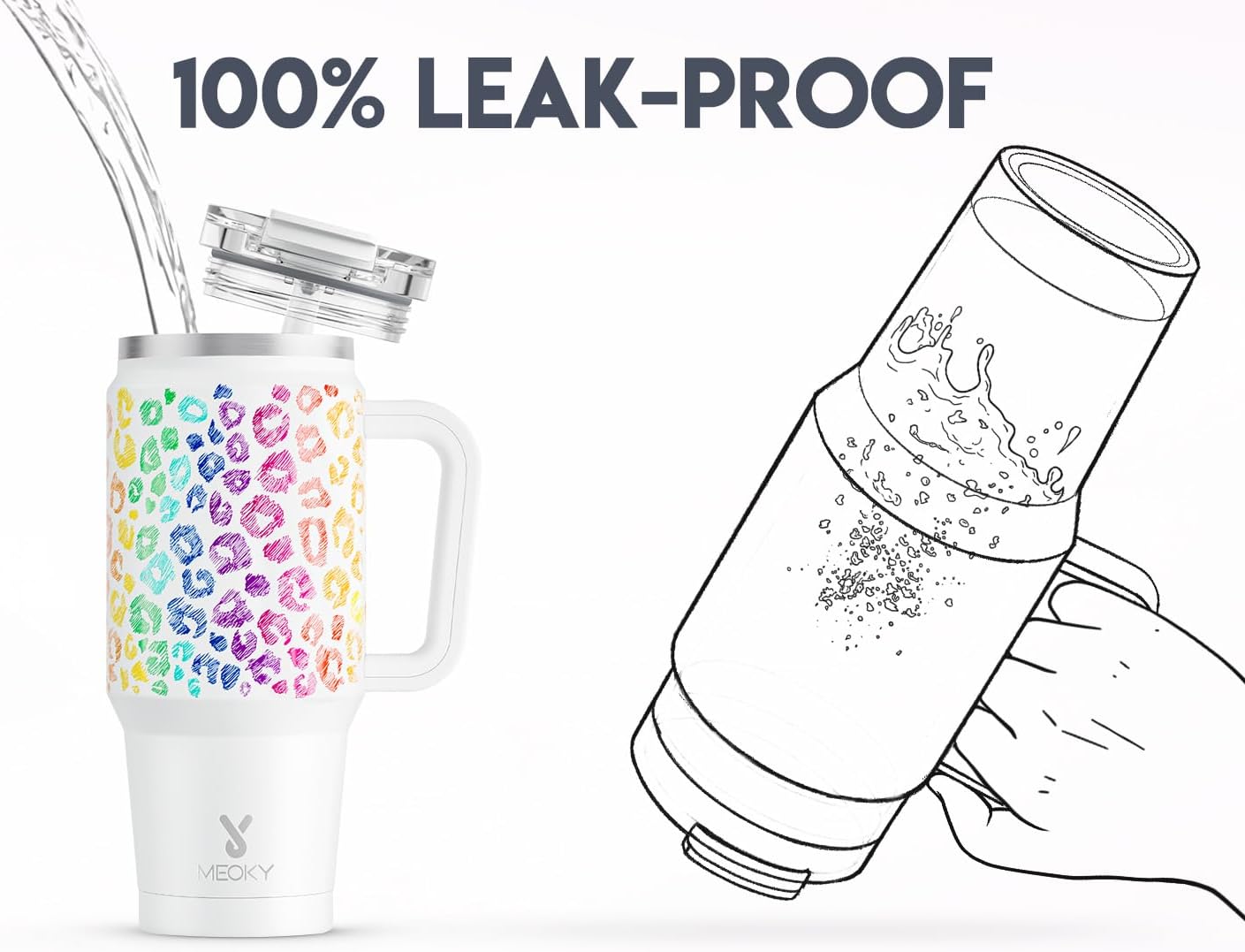 Meoky 32 oz Tumbler with Handle, Insulated Tumbler with Lid and Straw, Stainless Steel Travel Mug, Keeps Cold for 24 Hours, 100% Leak Proof, Fits in Car Cup Holder (Night)