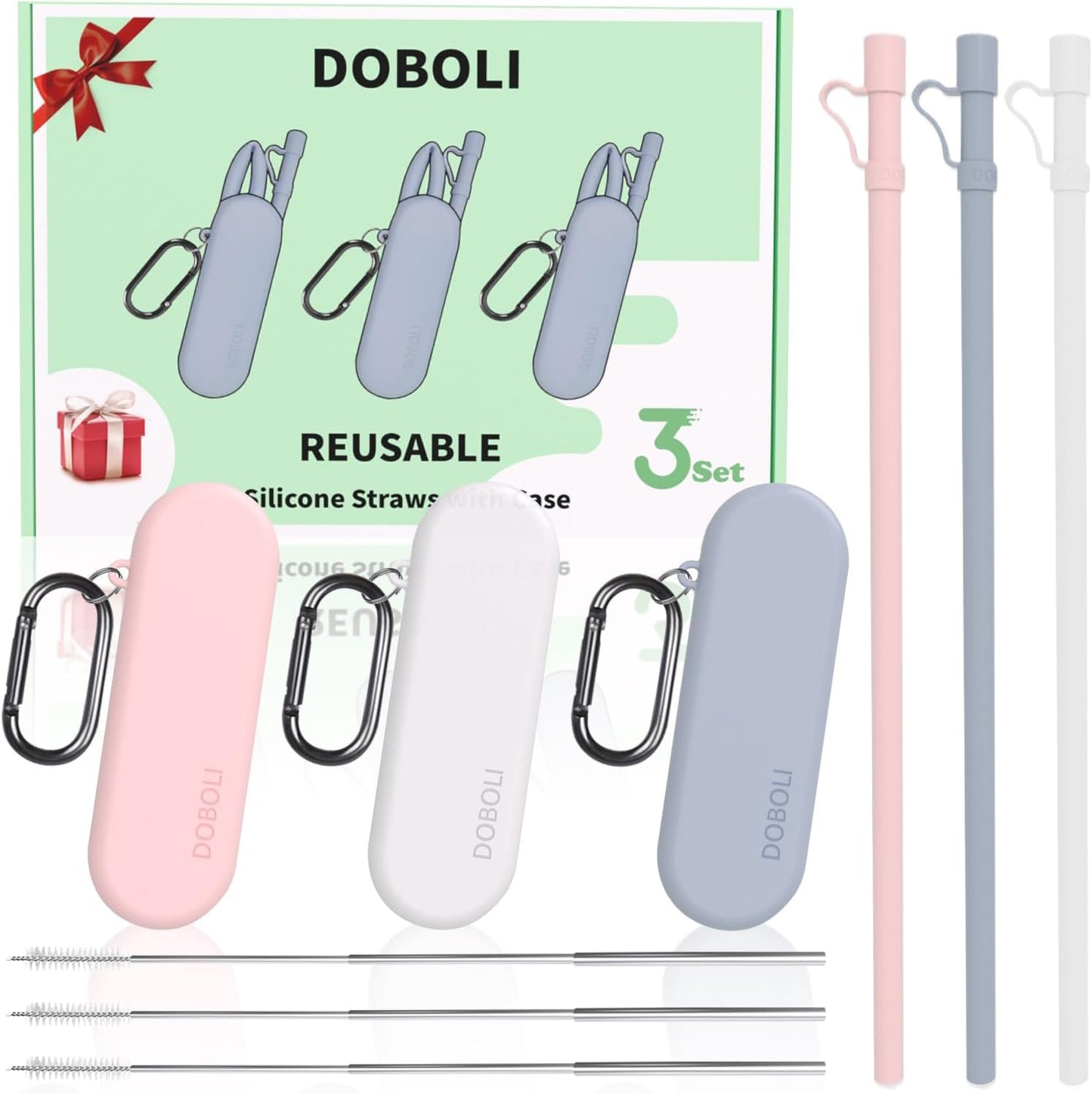 Doboli Reusable Straws with Case,12 inch Long Silicone Reusable Straws with Case, Portable Straw Foldable Drinking Travel Straw, Compatible with Stanley Owala 40 oz 30 oz Cup Tumbler 3 Set