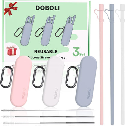 Doboli Reusable Straws with Case,12 inch Long Silicone Reusable Straws with Case, Portable Straw Foldable Drinking Travel Straw, Compatible with Stanley Owala 40 oz 30 oz Cup Tumbler 3 Set