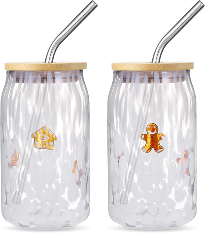 Honeydak 2 Pcs Icon Juice Glass Tumbler with Lid & Straw - 18 oz Cloud and Sun Icon Can Shape Glass Cups Coffee Juice Beer Soda Drinking Cup for Summer Halloween Christmas Party Supplies Gift