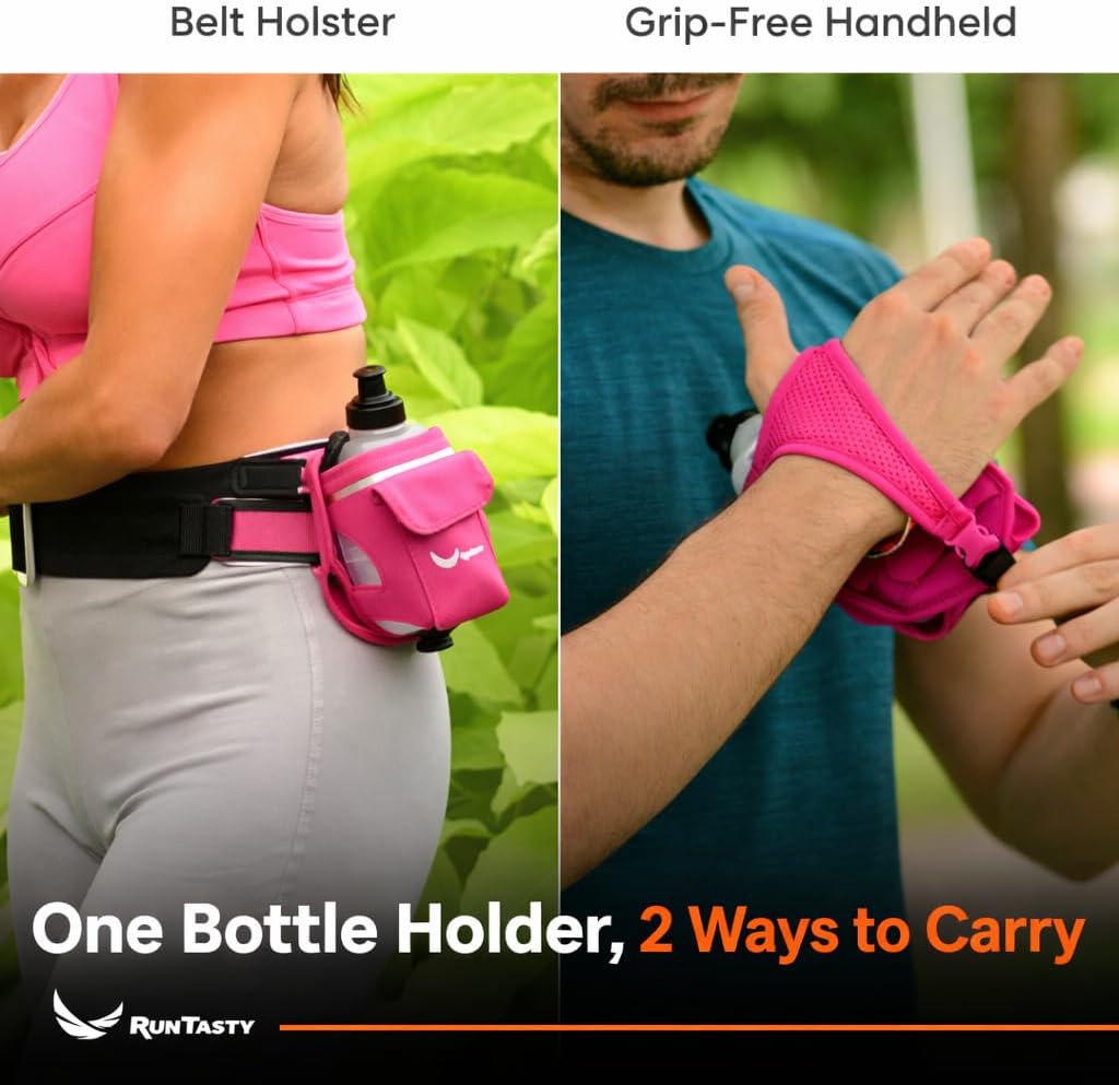 2-in-1 Running Fun: Handheld 12 Oz Water Bottle & Running Belt Add-On. No-Grip Design Straps on Hand & Slides on Belt. Waterproof Pocket for Money, Keys. Maximize Time, Freedom & Health