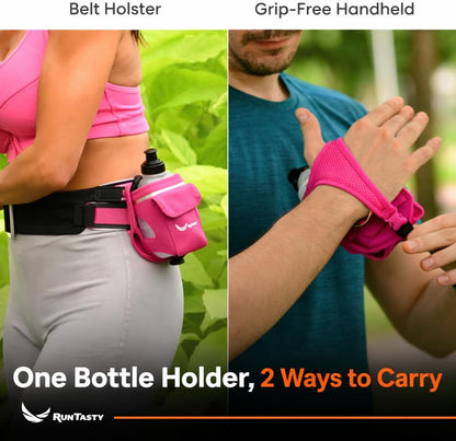 2-in-1 Running Fun: Handheld 12 Oz Water Bottle & Running Belt Add-On. No-Grip Design Straps on Hand & Slides on Belt. Waterproof Pocket for Money, Keys. Maximize Time, Freedom & Health