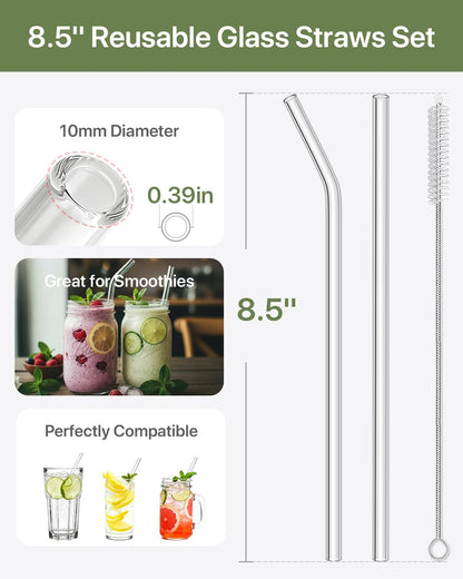 18-Pack Glass Straws, Reusable Clear Glass Drinking Straws Set, 8.5 Inch x 10mm - Includes 8 Straight and 6 Bent with 4 Straw Cleaner Brush, Perfect for Smoothies, Milkshakes, Juice, Tea