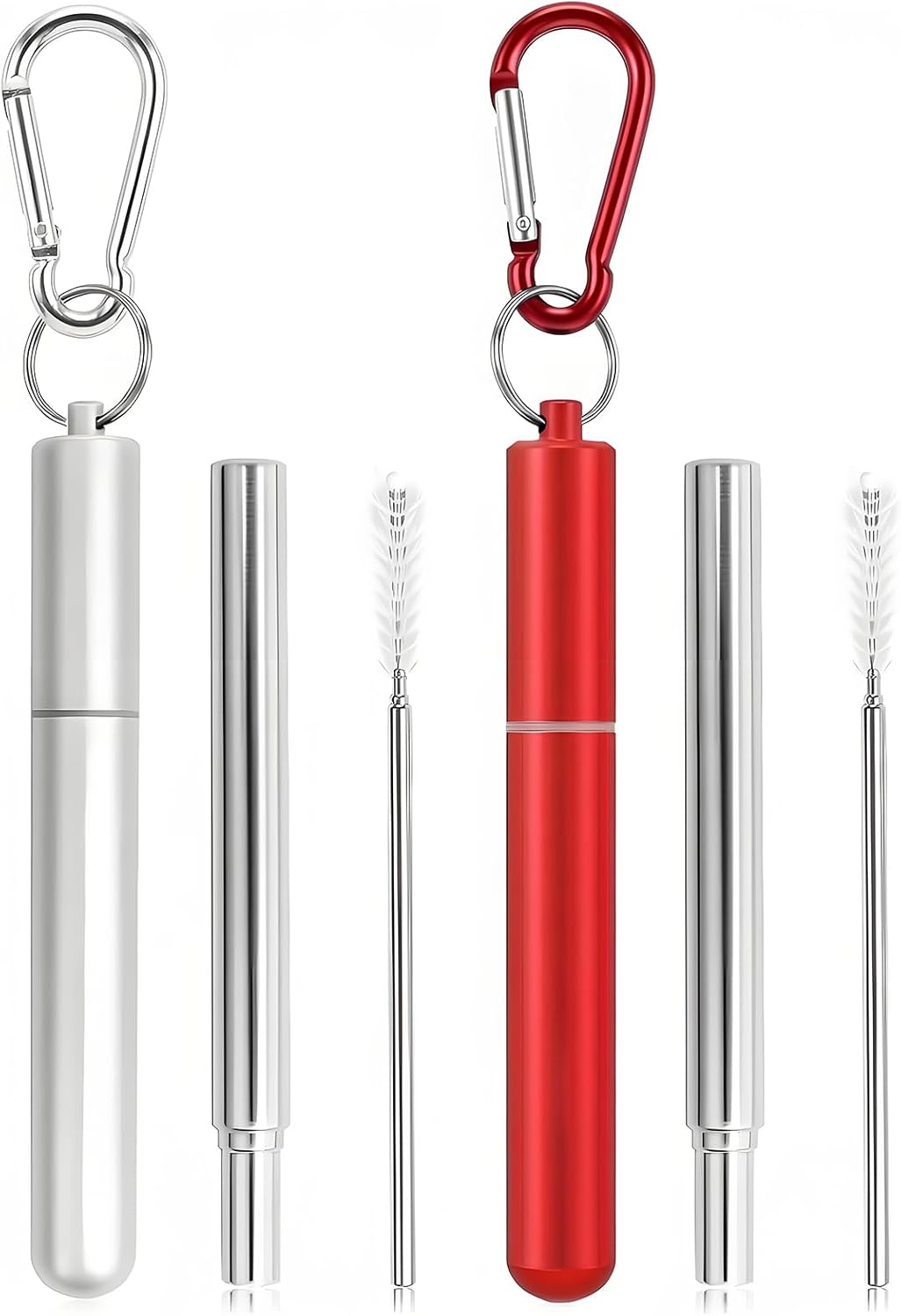 Collapsible Stainless Steel Drinking Straws with Aluminum Case, Cleaning Brush, and Keychains（Black+Silver）