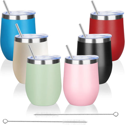 12oz/4 Pack Wine Tumbler Glasses with Lid Stemless Double Wall Vacuum Stainless Steel Travel Tumbler Keeping Cold & Hot for Wine,Coffee,Cocktails,Drinks-Family and Gifts (Multi color-dark)