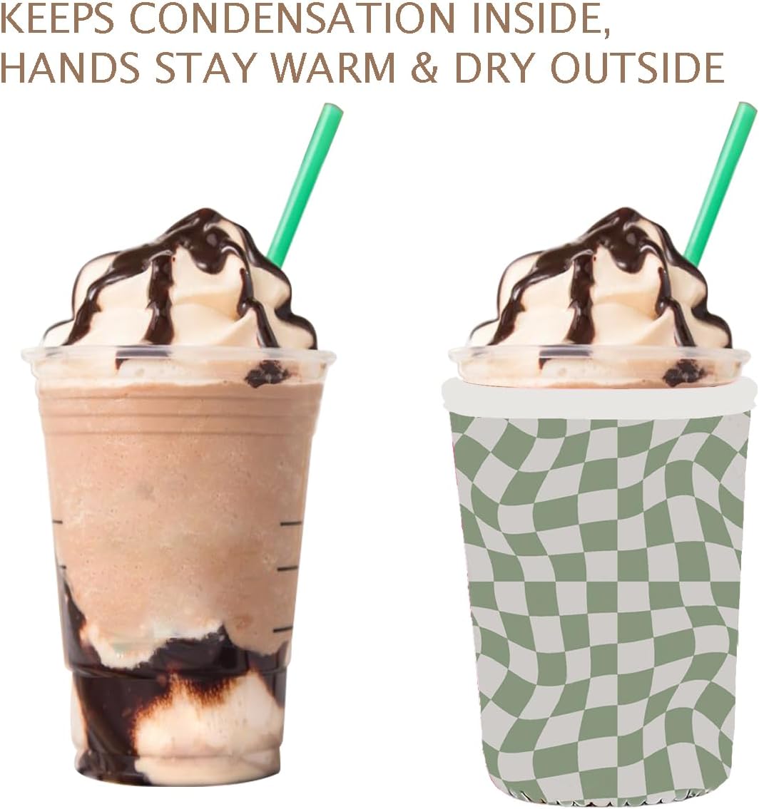Reusable Insulated Neoprene Iced Coffee Cup Sleeve, Durable Drink Sleeve for Cold Beverages, Beverage Holder for Iced Coffee, Floral Checkers
