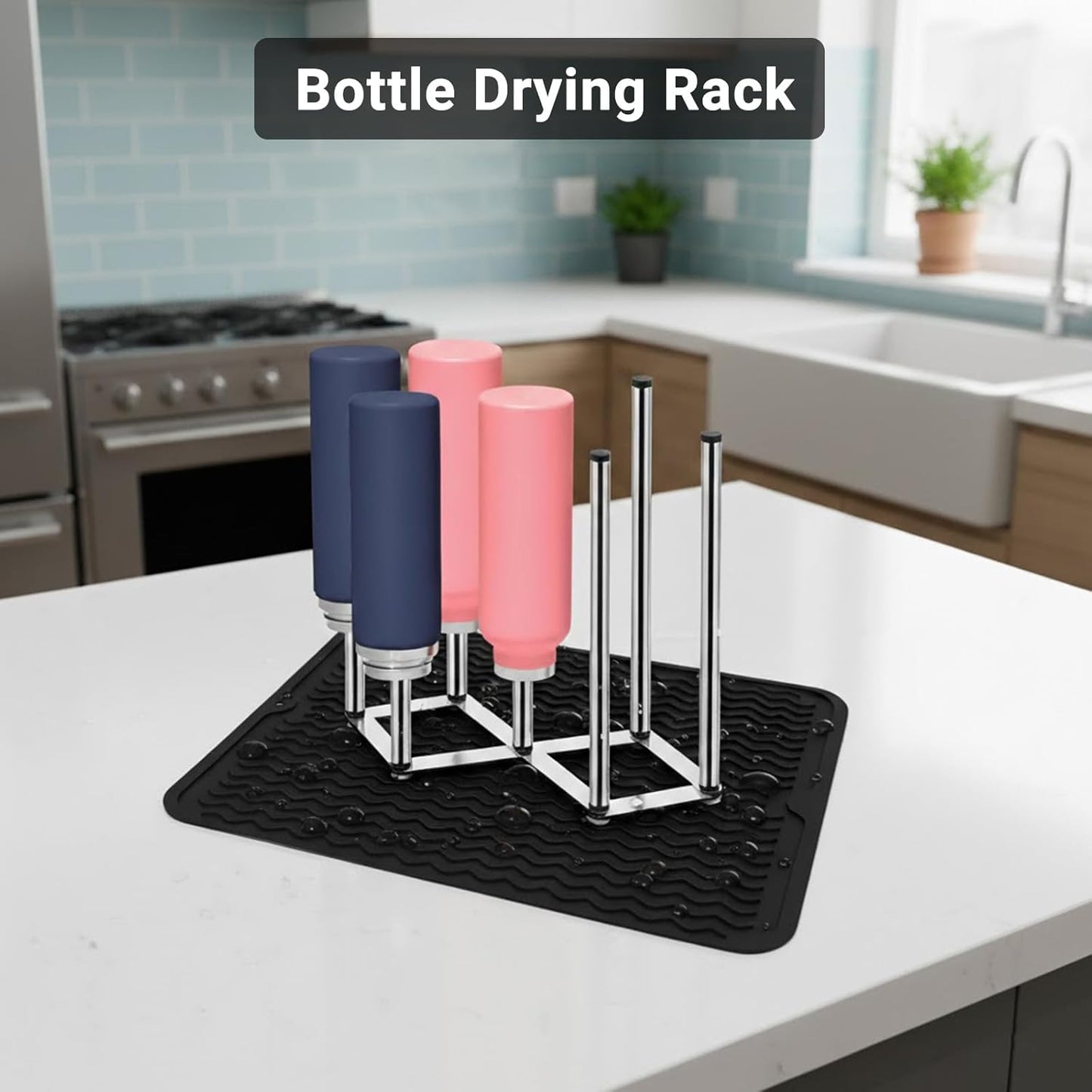 Stainless Steel Bottle Drying Rack with Non-Slip Silicone Mat – Foldable Water Bottles Dryer Stand for Cups, Tumblers, Wine Glasses & Baby Bottles, Space-Saving Countertop Bottle Rack Organizer