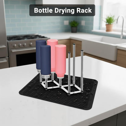 Stainless Steel Bottle Drying Rack with Non-Slip Silicone Mat – Foldable Water Bottles Dryer Stand for Cups, Tumblers, Wine Glasses & Baby Bottles, Space-Saving Countertop Bottle Rack Organizer