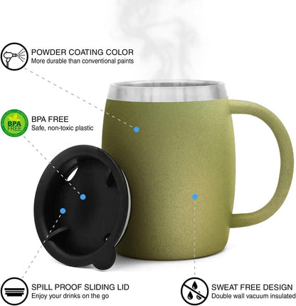 CHILLOUT LIFE Stainless Steel Insulated Coffee Mugs Set of 2 (14oz) – Double Wall Coffee Cups with Spill Resistant Lid & Strong Handle, Shatterproof Cups for Cold Drinks and Hot Beverages