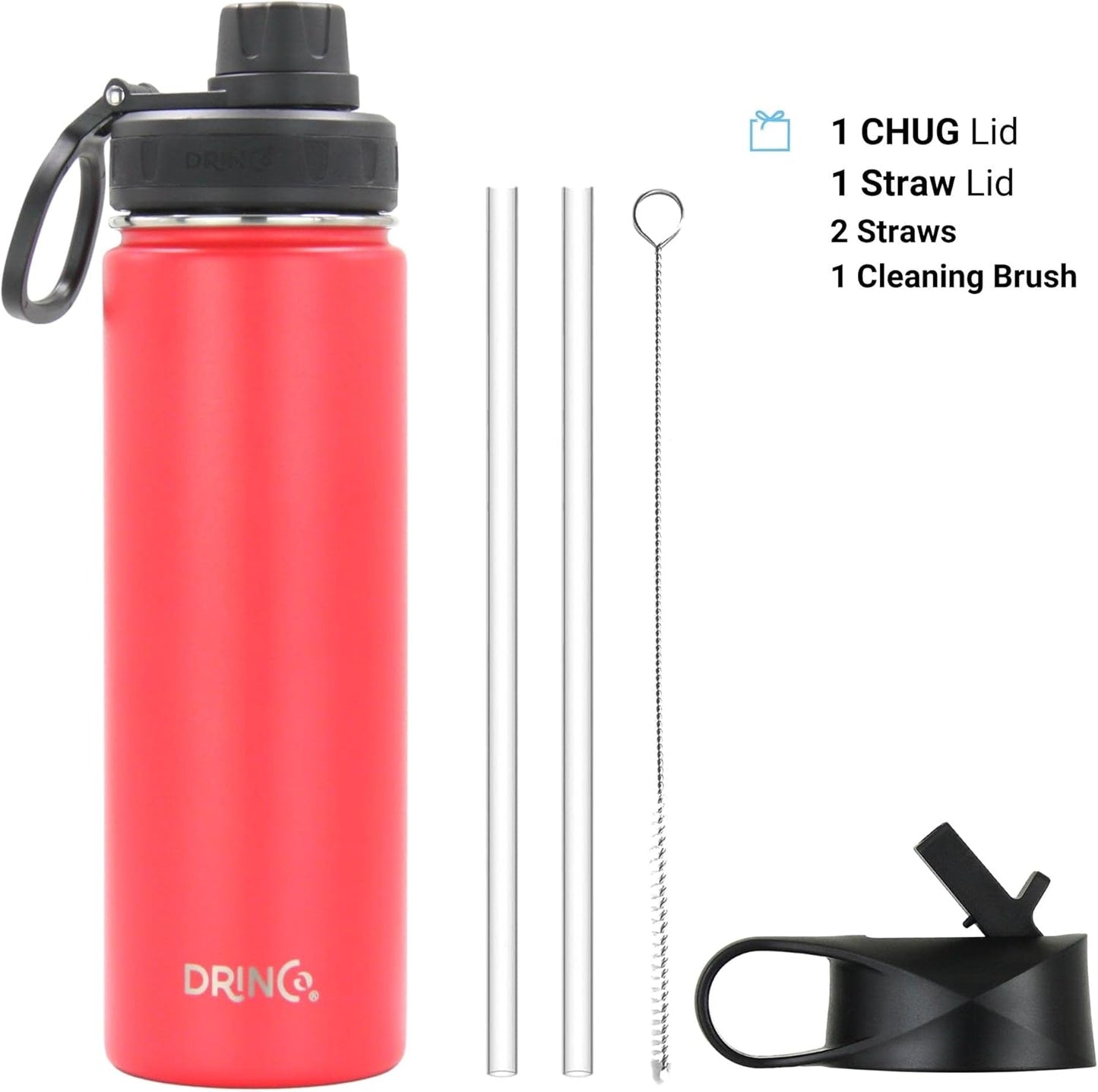 Drinco Stainless Steel Water Bottle Spout Lid Vacuum Insulated Double Wall Water Bottle Wide Mouth (40oz 32oz 22oz 18oz 14oz) Leak Proof Keep Cold Sport Camping Hiking (22 oz, 22oz Black)
