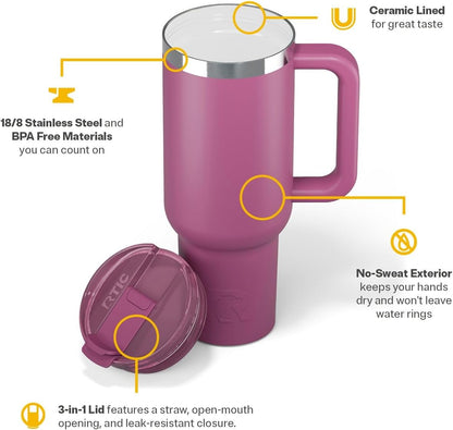 RTIC 30 oz Road Trip Tumbler Double-Walled Ceramic Lined InsulatedStainless Steel Portable Travel Coffee Mug Cup with Lid, Handle and Straw, Periwinkle Bouquet