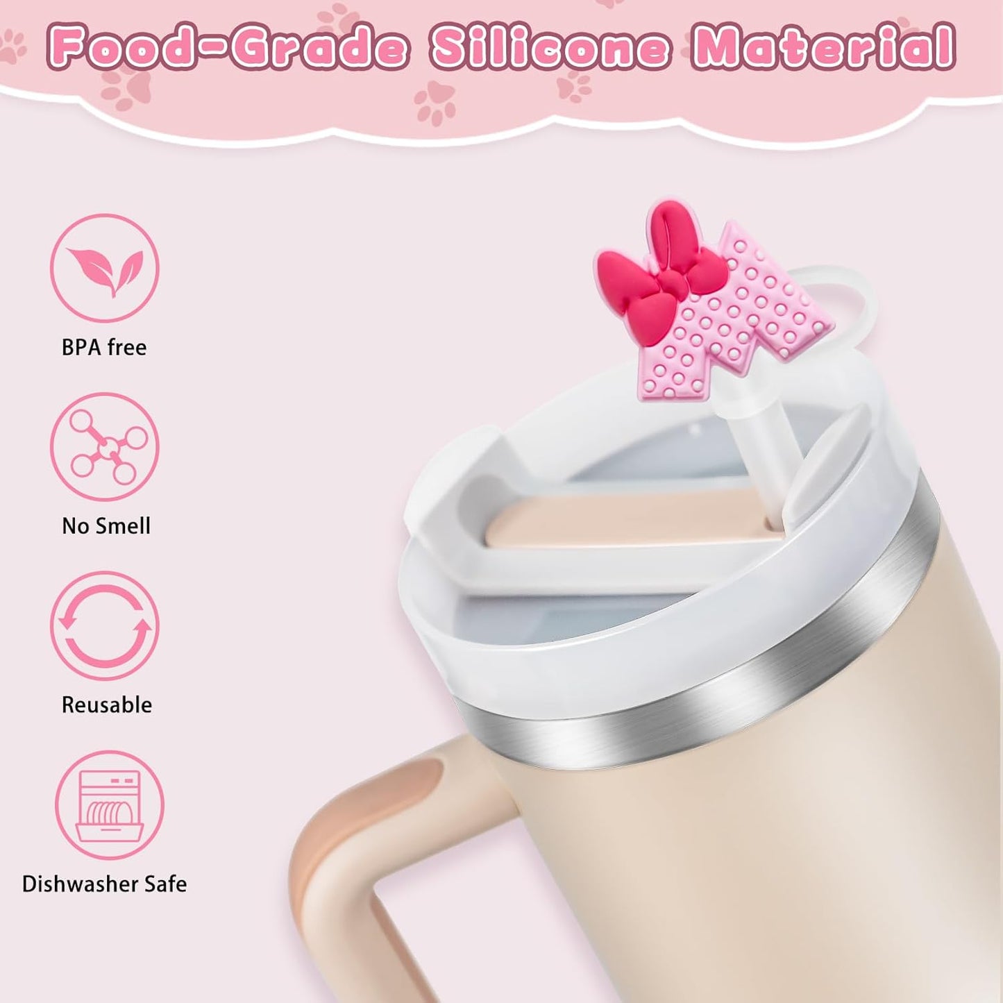 6PCS Straw Covers for Stanley Cup Tumbler 30 oz / 40 oz Leak Proof Straw Toppers 10mm Silicone Cute Straw Stopper Caps for Stanley Cup Accessories-Pink Mice