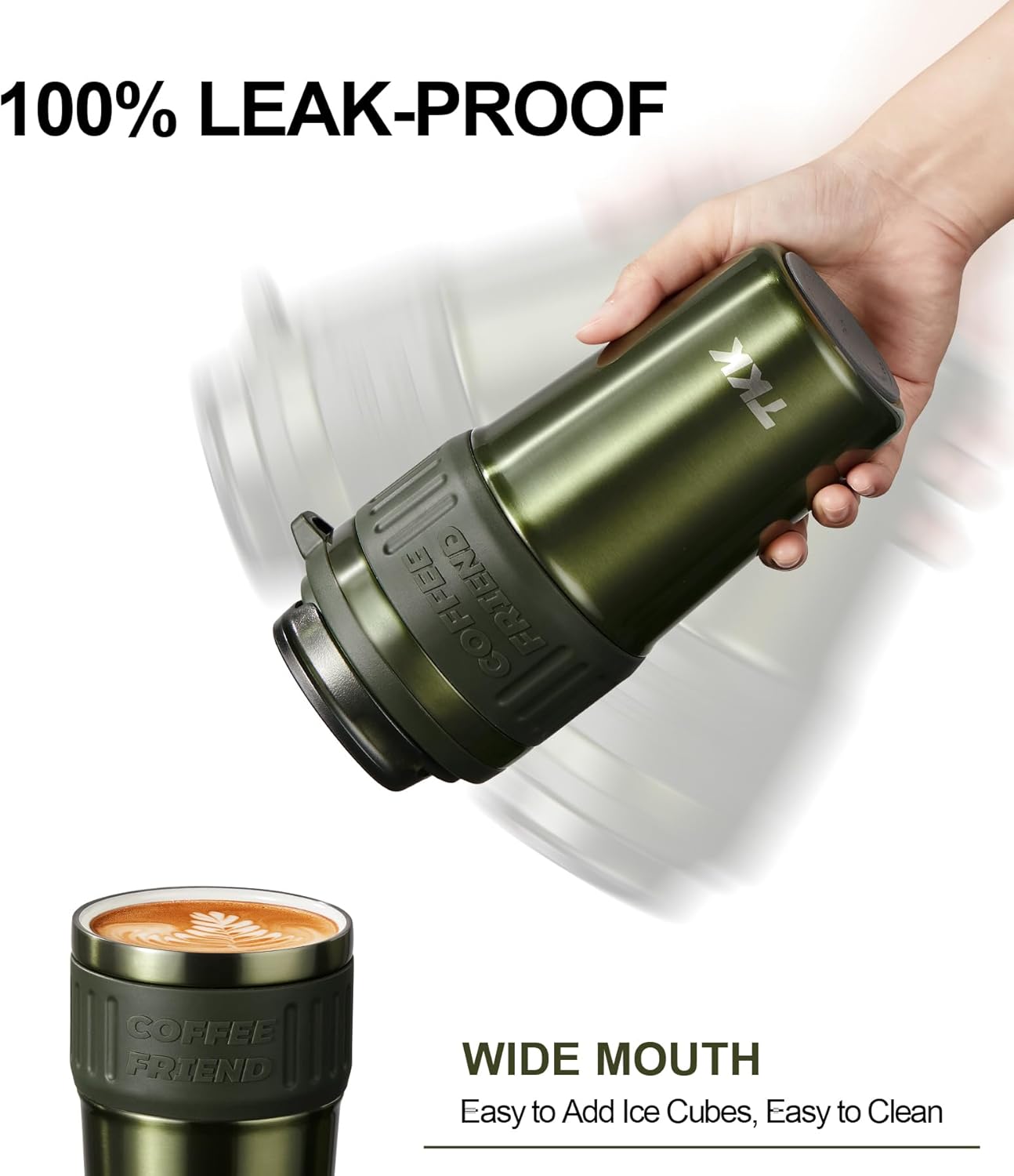 TKK Insulated Coffee Mug with Ceramic Coating, 21oz Iced Coffee Tumbler Cup with Straw Lid Double Wall Vacuum Leak Proof Travel Mug with Strap for Hot and Iced Beverage, Tungsten Steel