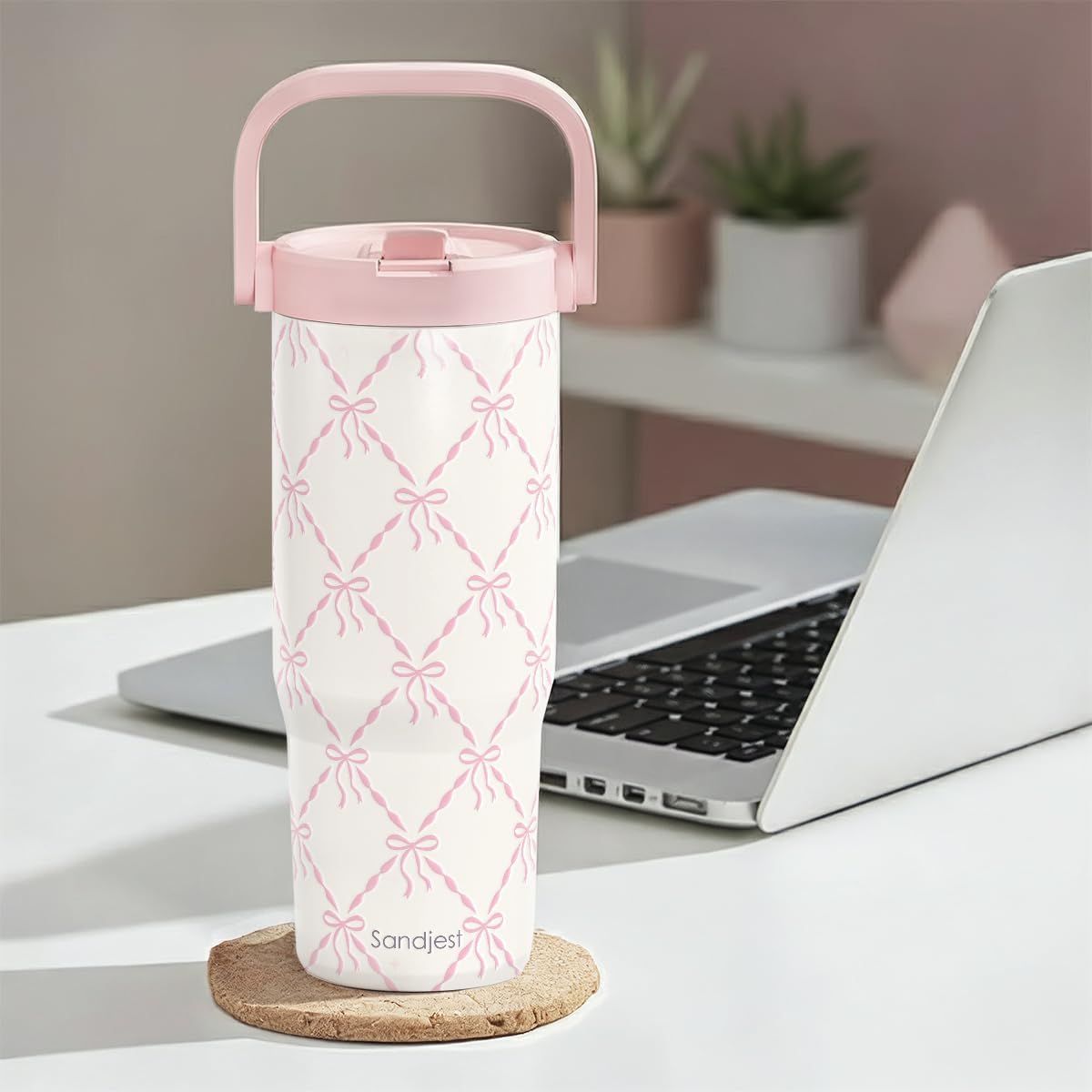SANDJEST Leopard Skin Stainless Steel Straw Lid Tumbler 30oz with Carry Handle for Women Girls, Insulated Travel Coffee Cup, Gift for Sports Outdoor Workout Christmas Birthday (Beige)