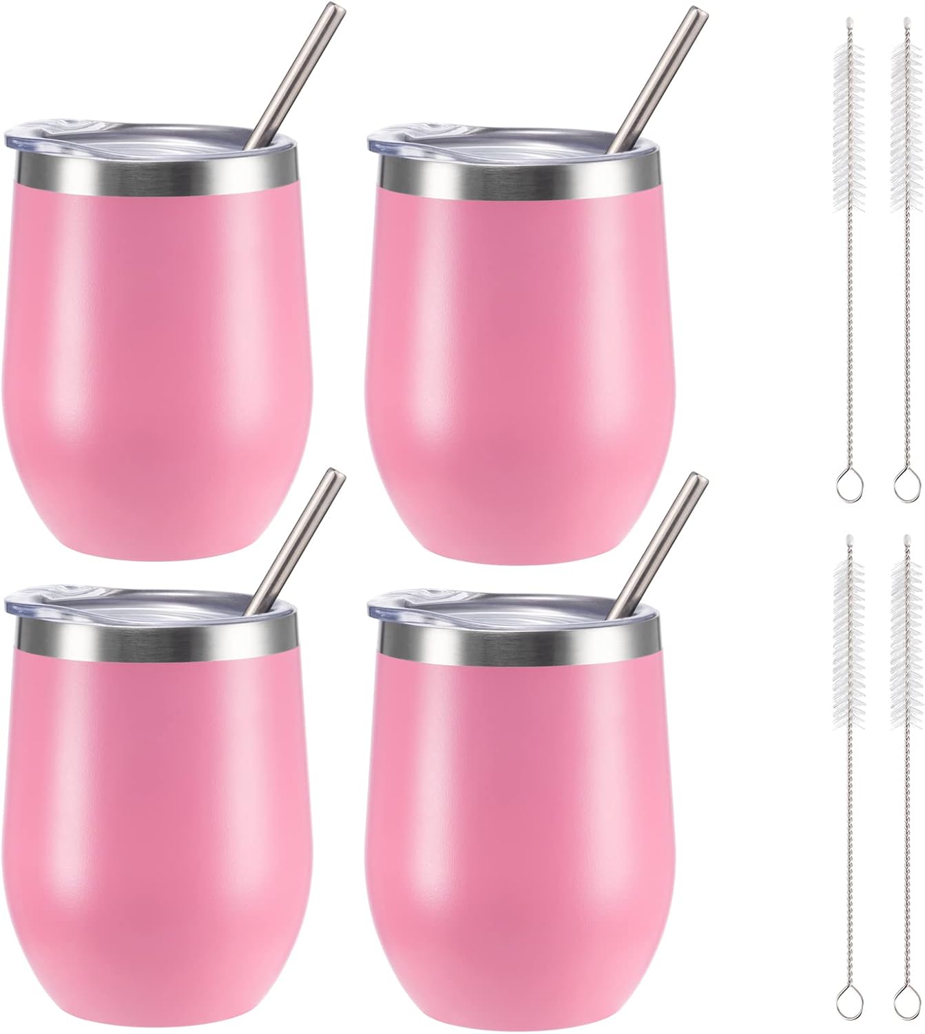 12 oz Insulated Wine Tumbler with Lid and Straw,Stainless Steel Stemless Wine Tumbler Glasses Double Wall Vacuum Wine Cups Tumbler for Coffee,Champaign,Cocktail,Office（Silver,1）