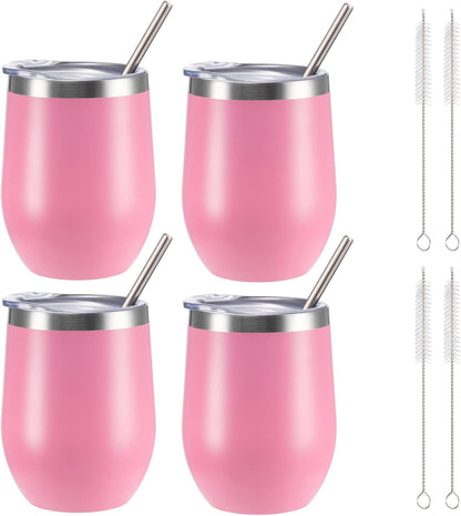 12 oz Insulated Wine Tumbler with Lid and Straw,Stainless Steel Stemless Wine Tumbler Glasses Double Wall Vacuum Wine Cups Tumbler for Coffee,Champaign,Cocktail,Office（Silver,1）