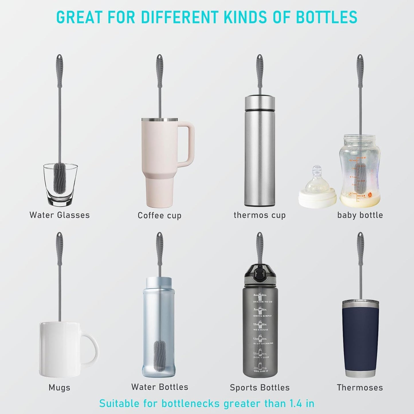 Silicone Bottle Cleaning Brush with Long Handle, 12.5" Water Bottle Cleaner for Baby Bottles, Hydro Flask, Sports Bottle, Vase, Glassware, Perfect for Smaller Diameter Bottle Openings (One Pack)